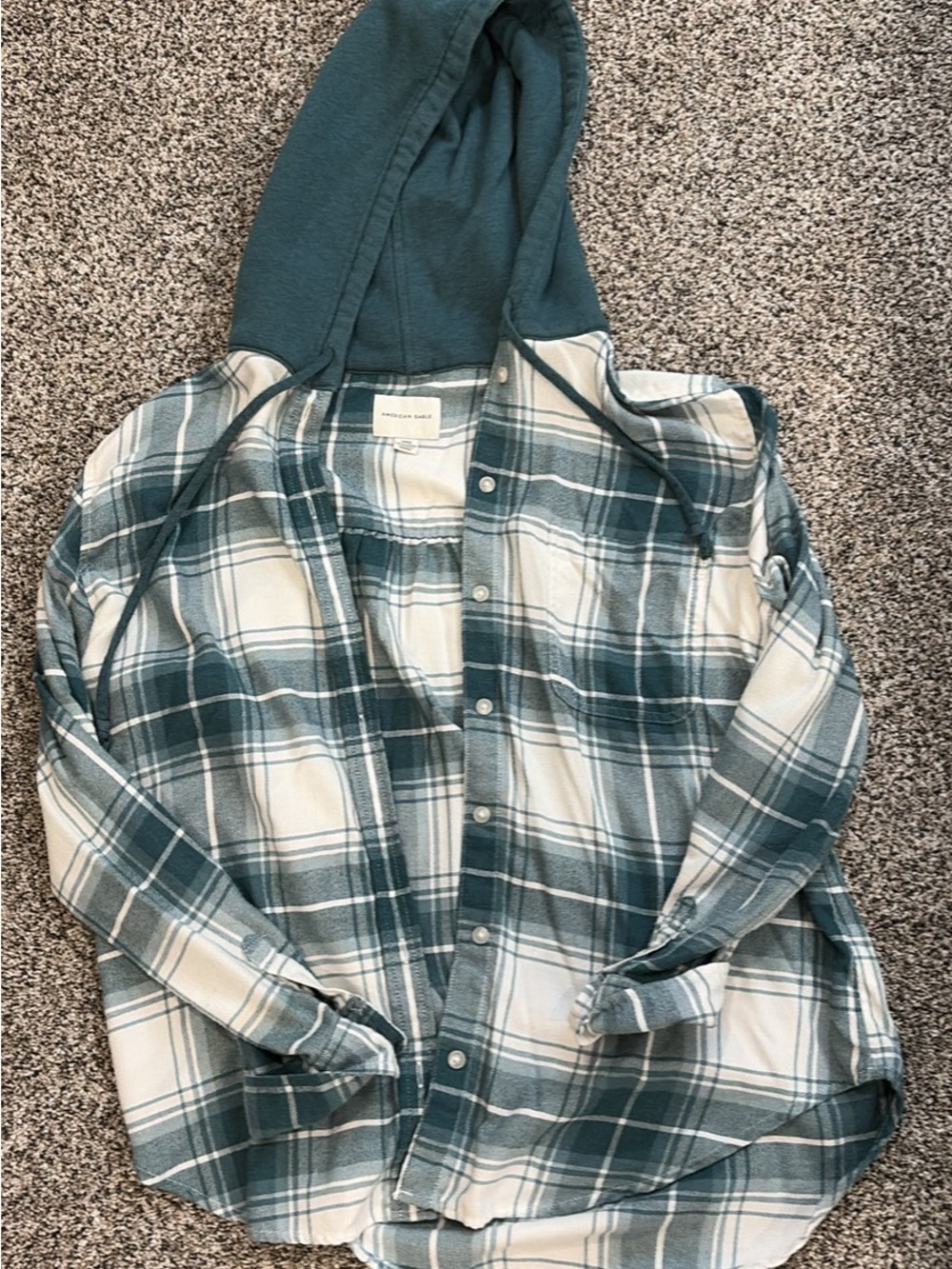 aerie Teal and White Plaid Hooded Button-Down Shirt